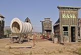 LFEEY 10x8ft Far Wild West Theme Backdrop Western Cowboy Country Settlers Town Scene Wooden Bank Building Covered Wagon on Yard of Fort Travel Photography Background Photo Studio Props