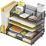 YINGHUA 5 Tier Paper Tray Letter Organizer with Top 6 Adjustable Compartments and File Holder - Paper Sorter Office Desktop Accessories with Handles for Document,Mail,School Supplies Storage,Black