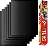 Renook Grill Mat Set of 6-100% Non-Stick Reusable Mats for Gas, Charcoal or Electric Grills - Easy to Clean - 15.75 x 13-Inch, Black
