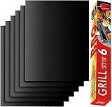RENOOK Grill Mat Set of 6-100% Non-Stick Reusable Mats for Gas, Charcoal or Electric Grills - Easy to Clean - 15.75 x 13-Inch, Black