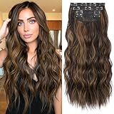 KooKaStyle Clip in Long Wavy Synthetic Hair Extension 20 Inch 4PCS Balayage Dark Brown to Chestnut Hairpieces Fiber Thick Double Weft Hair Extension for Women