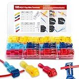 108 Pcs T-Tap Wire Connectors Kit, Quick Splice Self-Stripping Electrical Wire Terminals for Speaker Car Audio, Nylon Fully Insulated Male Quick Disconnects for Automotive Wiring (22-10 AWG)