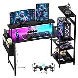 Apicizon 43 Inch Gaming Desk with LED Setup Style, Computer Desk with Storage Shelves & Monitor Stand, Reversible Workstation for Small Space, Home Office Desk Black