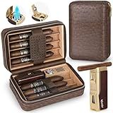Scotte Cigar Humidor Box, Cigar Lighter Cedar Wood Lined Leather Cigar Case Built in Hygrometer & Humidifier, Torch Lighter with Cigar Holder Cigar Punch Portable Travel Cigar Humidor Kit(No Butane)