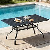 SUNCROWN 60"x37" Black Patio Outdoor Dining Table Metal Steel Slat Rectangular Bistro Table for Porch Deck Garden Backyard Poolside, 1.57" Umbrella Hole