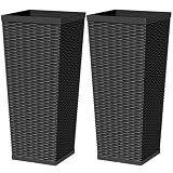 Greesum 30 Inch Tall Plastic Planters with Rattan Texture – Set of 2, Detachable Inner Pot & Drainage Holes, Indoor/Outdoor Decorative Flower Pots for Large Plants, Trees, Patio, and Garden, Black