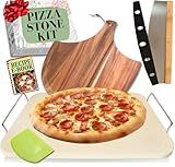 Pizza Stone for Oven and Grill Set - 5PCS Pizza Making Accessories Kit - 15 inch Pizza Stone with Handles, Pizza Peel, Pizza Cutter, Dough Tool - Baking Stone for Bread - Large Rectangular Oven Stones