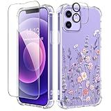 GVIEWIN for iPhone 12 Case and iPhone 12 Pro Case with Screen Protector + Camera Lens Protector, Clear Flexible TPU Shockproof Cover Women Girls Flower Pattern Phone Case 6.1 (Floratopia/Colorful)
