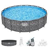 Bestway APX 365 18' x 52" Round Above Ground Swimming Pool Outdoor Backyard Framed Pool Set with Sand Filter Pump, Ladder, and Cover, Dark Marble