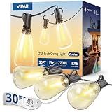 VIPAR Outdoor String Lights 30FT LED Patio Lights Waterproof with 13+1 Shatterproof ST38 Edison Bulbs, Connectable Outside Hanging Light for Porch, Garden, Backyard, Deck, Balcony, Decor, 2700K