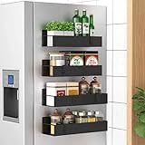 HuggieGems Metal 4 Pack Magnetic Spice Storage Rack Organizer for Refrigerator and Oven, Black Fridge Organizers and Storage