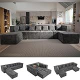 MONVANE Modular Sectional Cloud Couch for Living Room - 130'' 6 Seater Convertible Chenille Couches Set with Ottoman, No Assembly Compression Sofas, Comfy Floor Sofa with Memory Foam, Dark Grey