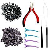 FEXICHUJI Hair Extension Microlink Tool Kit, 1000 Silicone Nano Microbeads, 1 Plier, 1 Pulling Loop Threader, 1 Crochet Hook, 4 Hair Clips, Weft Sew in Extension Kit Tools Accessories for Girls
