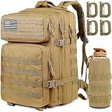 MUCHER 45L Military Tactical Backpack For Men with Bottle Holder and 4 Carabiners Molle Backpack EDC Large 3Day Army Rucksack (Khaki)