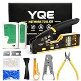 YQE RJ45 Crimp Tool Kit, Pass Through Ethernet Crimper, Crimping Tool, Network Tool Kit for Cat5, Cat5e, Cat6, RJ45, RJ11, RJ12 w/Carrying Case, Cable Tester, Stripper, Cutter, 50 Connectors & Boots