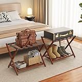 BAMBOOHOMIE 2 Pack Bamboo Luggage Rack for Guest Room, 26.77" Folding Wide Suitcase Stand with Storage Shelf, Thickened Luggage Stand Holder for Bedroom Hotel, Luggage Rack for Suitcases (Brown)
