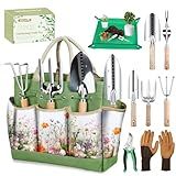 Garden Tools 9-Piece Heavy Duty Gardening Hand Tools with Floral Organizer Tote Bag, Rust-Proof Garden Tool Set, Thickened Repotting Mat, Gardening Gifts for Women Mom, Green