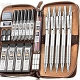 Nicpro 20PCS Metal Mechanical Pencil Set in Leather Case, Art Drafting Pencil 0.3, 0.5, 0.7, 0.9 mm & 2mm Lead Holders, 9 Tube (4B 2B HB 2H Colors) Lead Refills, Erasers For Sketching Drawing