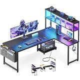 ODK 53 Inch L Shaped Gaming Desk with LED Lighting, Reversible Desk with Power Outlets, Cornor Computer Table with Storage Shelves & Bag & Iron Hook, Home Office Table for Writing, Study, Black