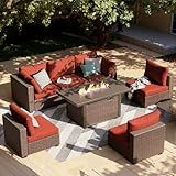 GREZJXC 7-Pieces Patio Furniture Sets Outdoor Sectional Sofa with 44'' Propane Rattan Wicker Firepit Table, Patio Sectional Conversation Set with Cushions for Backyard, Poolside, Garden Red