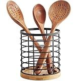 WDT Tool Utensil holder for Kitchen Counter - 5.2" x 5.2" x 6" Large Round with Wooden Base Matte Black Cooking Utensil Holder Utensil Organizer (Metal+Bamboo)