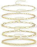Gokeey Gold Bracelets for Women Trendy 14K Gold Plated Jewelry Sets Stack Dainty Stackable Paperclip Cuban Figaro Chain Bracelets Pack Layered Link Chain Bracelet for Women Cute 5pcs Adjustable