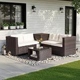 VINGLI 4 Pieces Outdoor Sectional Wicker Patio Furniture with Storage, Patio Sectional Sofa Outdoor Couch Conversation Set, Glass Top Coffee Table for Backyard, Pool, Garden(Brown)
