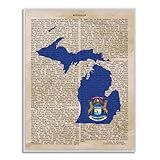 Cranberry Collective Michigan Flag and Map Print - Vintage Encyclopedia Page Canvas Wall Art - Unique State Pride Gift and Home Decor - Three Size Options