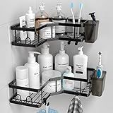 AKTECKE Corner Shower Caddy, 2 Pack Adhesive Shower Corner Organizer Shelves, No Drilling Stainless Steel Shower Storage Rack with Hooks&Toothpaste Holder for Bathroom Kitchen （for 90° Corners Only）