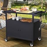 SEUNSHANY Outdoor Grill Table with Storage, Movable Grill Cart, Outdoor Kitchen Island Prep Stand Station,Blackstone Griddle Stand, BBQ Serving Cart Rolling Bar Cart with 4 Utensil Hooks