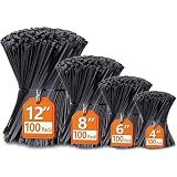 Zip Ties Assorted Sizes(4”+6”+8”+12”), 400 Pack, Black Cable Ties, UV Resistant Wire Ties by ANOSON