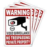 4 Pack Private Property No Trespassing Sign, Rustproof Aluminum 24-Hour Video Surveillance Signs With Reflective Film, 10x7 Inch Security Signs For Homes And Businesses