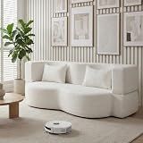 Modern Convertible Sleeper Sofa Bed,Compact Couch Loveseat Sofa Curved Seating, Floor Couch Comfy Teddy Fabric Sofa,Soft Cloud Couch with Pillows for Apartment Living Room, Bedroom(Beige)