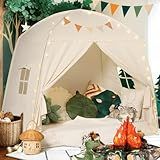 Sumbababy Large Teepee Tent for Kids: with Star Lights & Flags - Tent for Kids Indoor Kids Teepee for Boys & Girls - Playhouse Inside Canopy Bed for Playroom Gift Toys (Cream)