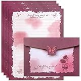 J6&H6 Stationary paper set with a Romantic Butterfly Rose design,5x7 inch envelopes & Premium Paper (16 Lined Sheets + 16 Matching Envelopes) for Love Letters, and Gift Giving (Romantic Rose)