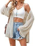 Angashion Women's Crochet Cardigan Sweaters Lightweight Knitted Long Batwing Sleeve Hollow Out Tie Front Boho Beach Cover Up Beige L