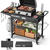 Raynesys Outdoor Grill Cart, 440lbs Outdoor Grill Table, 31x17 inch Blackstone Griddle Stand, Portable Folding Cart with Wheels, 2-Tier Storage Rack & Side Storage Box (Black)