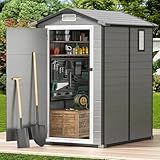 GVDV 4×6FT Outdoor Resin Plastic Storage Shed with Reinforced Floor, All-Weather Plastic Shed with Lockable Door, Window, Waterproof Tool Storage for Garden, Backyard, Patio, Tool Storage
