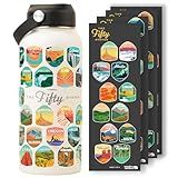 Wondery Official Fifty States Bucket List Travel Water Bottle with Waterproof Stickers and Straw | Cream 32 oz Engraved | Insulated Stainless Steel Vacuum Sealed | Leak Proof