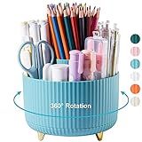 Lolocor 360 Degree Rotation Pen Holder, 5 Slots Office Desk Pen Organizer Multi-Functional Pencil Cup Makeup Brush Holder Office Business Card Pen Pencil Stationery Holder Storage Box Blue