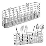 NiuYichee 304 Stainless Steel Utensil Holder, Dish Drying Rack, kitchen Utensil Organizer, Knife and Fork Drainage Rack, Kitchen Drainage Basket Accessories, With Hooks, Rust Proof, Color-Silver