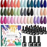 PHOENIXY 24 PCS Gel Nail Polish Set, 21 Colors Gel Nail Polish Kit with Base Glossy Matte Top Coat Black Gray Red Valentine Nail Kit Gifts for Women