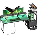 PRAISUN 61.7" Gaming Desk with LED Lights & Outlets, Computer Desk with 3 Fabric Drawers, PC Desk with PC Case Stand & Movable Storage Shelves, Monitor Stand, Reversible, Carbon Fiber Black