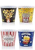 Modern Style Reusable Plastic Popcorn Containers / Popcorn Bowls Set for Movie Theater Night - Washable in the Dishwasher - (BPA Free-4 Pack) (Color: Yellow, Brown, Red/White and Blue Popcorn Boxes)