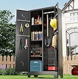 71" Metal Tools Storage Cabinet with Doors and Shelves, Outdoor Storage Sheds with Lock, Black Cleaning Supplies Organization Cabinet with Hanging Rod for Garage, Outdoor,