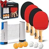 PRO-SPIN Portable Ping Pong Set with Retractable Ping Pong Net for Any Table, All-in-One Table Tennis Set with Ping Pong Paddles, Balls & Case, Table Top Family Game (4-Player Set | Active Red)