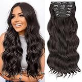 KooKaStyle Hair Extensions 5PCS Long Wavy Upgrate Invisible Full Coverage Edges Seamless Clip in Extensions for Women 20 Inch Dark Brown Synthetic Natural Hairpieces