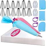 Piping Bags and Tips Set, 100Pcs 12 Inch Pastry Bags, Icing Bags Disposable for Cakes Decorating Kit Supplies with 1 Reusable Piping Bags, 1 Couplers, 12 Frosting Tips, 2 Bag Ties, 3 Cake Scraper