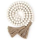 58in Wood Bead Garland with Tassels, Farmhouse Rustic Country Decor Prayer Boho Wall Hanging Decoration (Nature)
