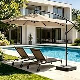 OLILAWN 10FT Cantilever Offset Patio Umbrella with Base Included, Outdoor Patio Umbrella with 360° Rotation & Infinite Tilt, Yarn-Dyed Fade-Resistant Canopy, Heavy Duty 8-Rib Steel Frame for Patio, Pool, Deck, Backyard, Cream